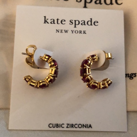 Kate Spade Gold Tone & Red Cubic Zirconia Candy Shop C-Shape Hoop Earrings NWT - Picture 2 of 12